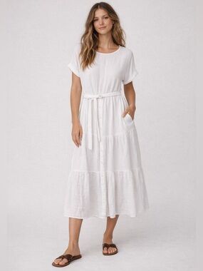 Magaschoni Organic Cotton Double Gauze Midi Dress White Tie Waist Pockets, Large